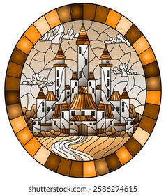 Illustration in stained glass style landscape with old castle on the background of cloudy sky and meadows, oval image in frame, tone brown