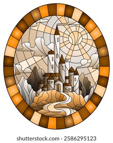 Illustration in stained glass style landscape with old castle on the background of sky, sun and mountains, oval image in frame, tone brown