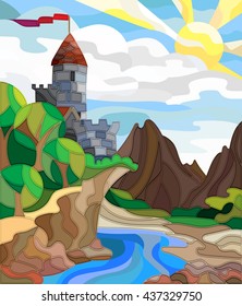 Illustration in stained glass style landscape with old castle on the background of sky, sun, river and mountains