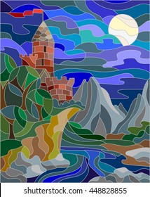 Illustration in stained glass style landscape with old castle on the background of sky, moon, river and mountains