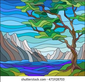 Illustration in stained glass style landscape with a lonely tree on a background of mountains, water and sky