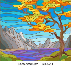 Illustration in stained glass style landscape with a lonely tree on a background of mountains, water and sky