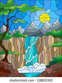 Illustration in stained glass style landscape ,the tree on the background of a waterfall, mountains, sun and sky