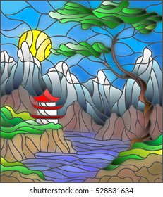 Illustration in stained glass style landscape Japanese house on sky background, mountains and rivers