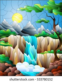 Illustration in stained glass style landscape ,the tree on the background of a waterfall, mountains, sun and sky