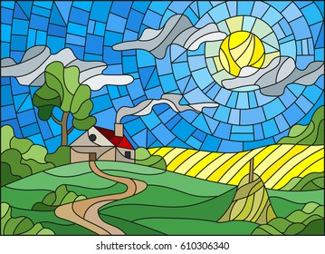 Illustration In Stained Glass Style Landscape With A Lonely House Amid Field,sun And Sky