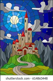 Illustration in stained glass style landscape with old castle on the background of Moon ,starry sky and mountains