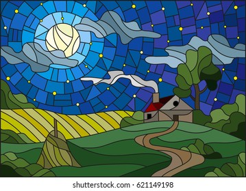 Illustration in stained glass style landscape with a lonely house amid field,moon and starry sky