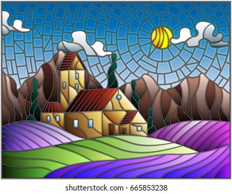 Illustration in stained glass style landscape with a lonely house amid lavender fields, mountains and sky