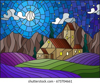 Illustration in stained glass style landscape with a lonely house amid lavender fields, mountains and starry sky