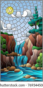 Illustration in stained glass style landscape ,the tree on the background of a waterfall, mountains, sun and sky