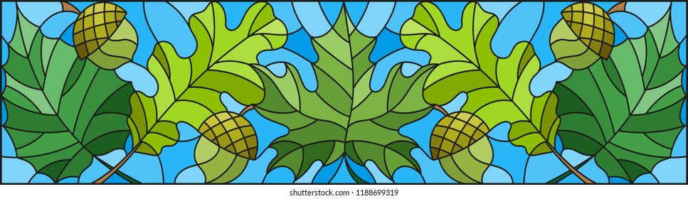 Illustration in stained glass style  with  leaves, oak, maple , aspen and acorns on a blue background,horizontal orientation