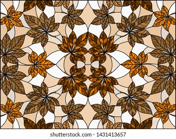 Illustration in stained glass style with leaves of trees, tone brown,sepia