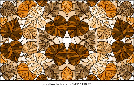 Illustration in stained glass style with leaves of trees, tone brown,sepia