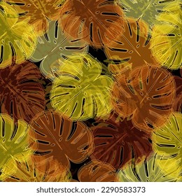 Illustration in stained glass style with leaves of trees, tone brown,sepia  Seamless vector image. Addition to a more complex decor.