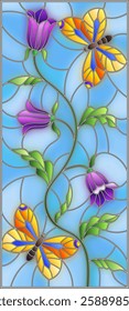 Illustration in stained glass style with leaves and bells flowers, purple flowers and butterfly on sky background
