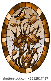 Illustration in stained glass style with leaves and bells flowers,  flowers and butterfly on sky background in a frame,oval image , tone brown