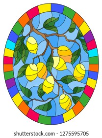 Illustration in stained glass style with lemon branches, leaves and fruits, oval image in bright frame