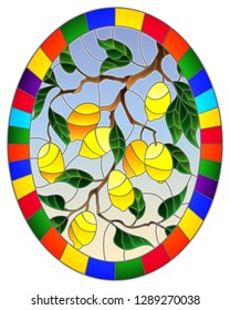 Illustration in stained glass style with lemon branches, leaves and fruits on sky background , oval image in bright frame