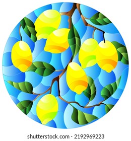Illustration in stained glass style with lemon branches, leaves and fruits, round image in bright frame