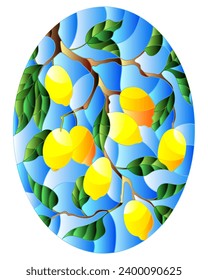 Illustration in stained glass style with lemon branches, leaves and fruits, oval image