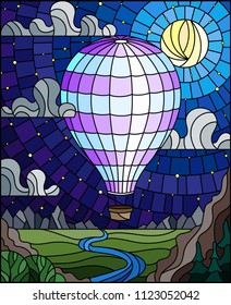 Illustration in stained glass style with a light hot air balloon flying over a plain with a river on a background of mountains, starry sky and moon