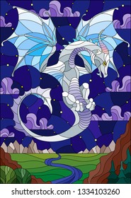 Illustration in stained glass style with light dragon on landscape and starry blue sky background