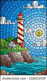 Illustration in stained glass style with a lighthouse on the background of the sea and the Sunny day sky