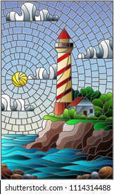 Illustration in stained glass style with a lighthouse on the background of the sea and the Sunny day sky