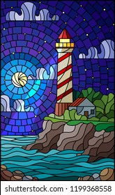 Illustration in stained glass style with a lighthouse on the background of the sea, starry sky and moon 