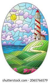 Illustration in stained glass style lighthouse on the backdrop of flowering fields against cloudy sky and sun, oval image 