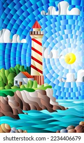 Illustration in stained glass style with a lighthouse on the background of the sea and the Sunny day sky