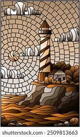 Ilustración en estilo de vidriera con un faro en el fondo del mar y el cielo soleado, tono marrón