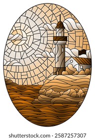 Illustration in stained glass style with a lighthouse on the background of the sea and the Sunny day sky,oval image, tone brown