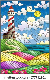 Illustration in stained glass style lighthouse on the backdrop of flowering fields against cloudy sky and sun