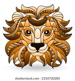 Illustration in stained glass style with a lion's head, portrait of an animal isolated on a white background, tone brown