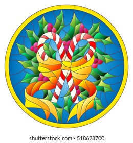 Illustration in stained glass style with lollipops Holly branches and bow on blue background, round picture frame