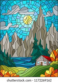 Illustration in stained glass style with a lonely house on a background of pine forests, lakes , mountains and day-Sunny sky with clouds,autumn landscape