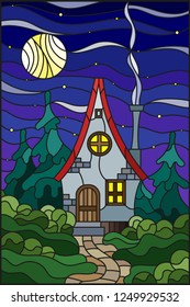 Illustration in stained glass style with a lonely house on a background of green forest. starry sky and the moon