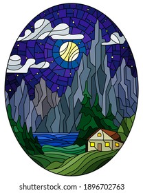 Illustration in stained glass style with a lonely house on a background of pine forests, lake, mountains and starry night sky with clouds, oval image