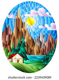 Illustration in stained glass style with a lonely house on a background of pine forests, lakes , mountains and day-Sunny sky with clouds, oval image