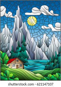 Illustration in stained glass style with a lonely house on a background of pine forests, lakes , mountains and day-Sunny sky with clouds