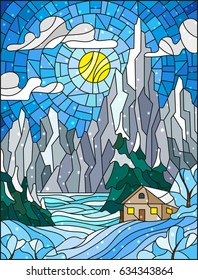 Illustration in stained glass style with a lonely house on a background of snowy pine forests, lake, mountains and day. Sunny sky with clouds, winter landscape