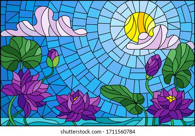 Illustration in stained glass style with Lotus flowers against a Sunny blue sky with clouds, horizontal orientation