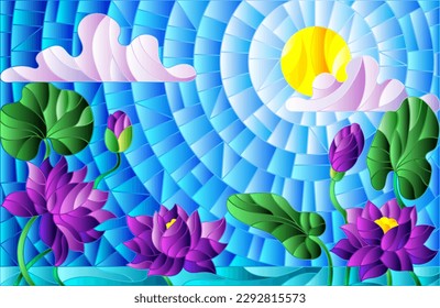 Illustration in stained glass style with Lotus flowers against a Sunny blue sky with clouds, horizontal orientation