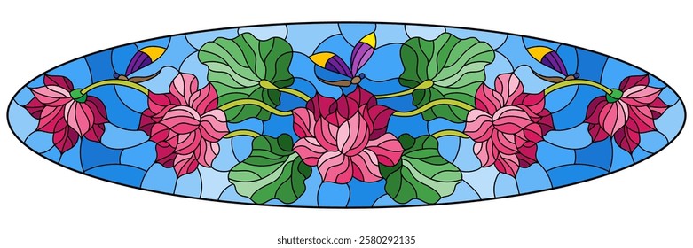 Illustration in stained glass style with Lotus leaves and flowers, purple flowers and orange dragonflies on sky background,horizontal image