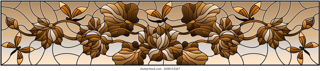 Illustration in stained glass style with Lotus leaves and flowers, flowers and  dragonflies on sky background,tone brown