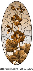 Illustration in stained glass style with Lotus leaves and flowers, flowers and dragonflies on sky background, tone brown