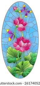 Illustration in stained glass style with Lotus leaves and flowers, pink flowers and dragonflies on sky background, oval image