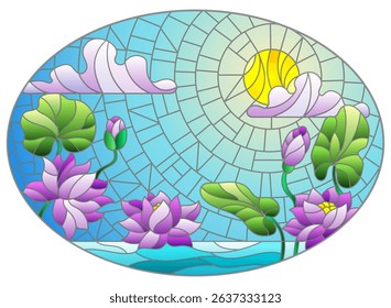 Illustration in stained glass style with Lotus flowers against a Sunny blue sky with clouds, oval image